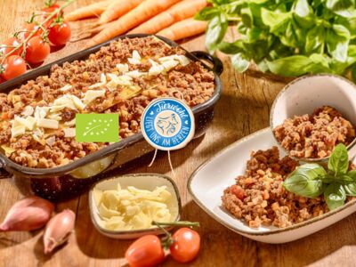 Organic Bolognese, beef mince preparation,